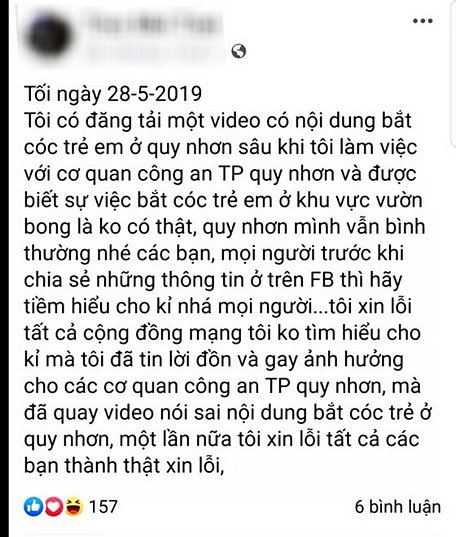 Một tài khoản Facebook công khai đăng tin đính chính, xin lỗi cộng đồng mạng vì đăng tin bắt cóc sai sự thật