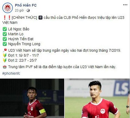 CLB Phố Hiến công bố 4 cầu thủ được triệu tập lên ĐT U23 Việt Nam. (Ảnh:Phố Hiến FC)