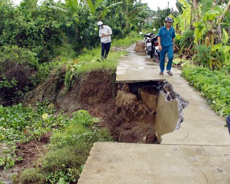 Điểm sạt lở bờ sông tại xã Đông Thành (TX Bình Minh) khiến cho đường đan bị hư hỏng nặng.
