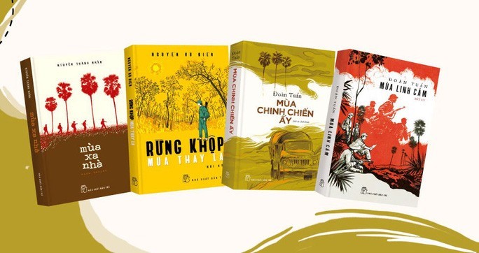 Bìa những cuốn sách: “Mùa linh cảm”, “Mùa chinh chiến ấy” (Đoàn Tuấn), “Mùa xa nhà” (Nguyễn Thành Nhân) và “Rừng khộp mùa thay lá” (Nguyễn Vũ Điền)