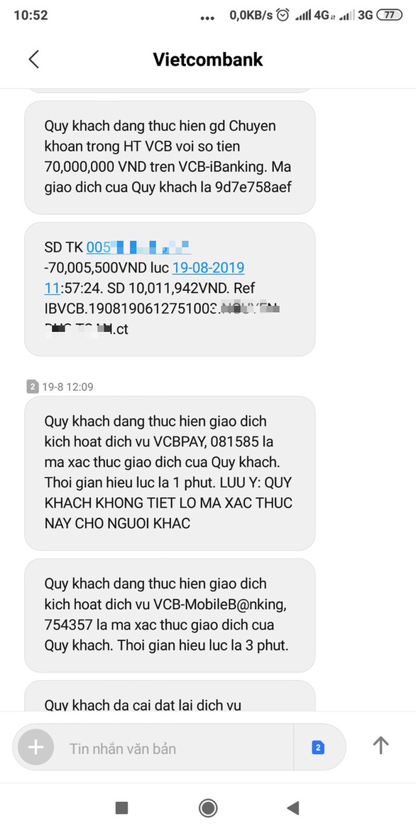 Dù anh T. đã giao dịch chuyển tiền thành công 70 triệu, người tự xưng nhân viên Vietcombank vẫn báo anh T. bị lỗi và yêu cầu anh nói với người nhận tiền chuyển tiền lại cho anh T. - Ảnh: Anh T. cung cấp