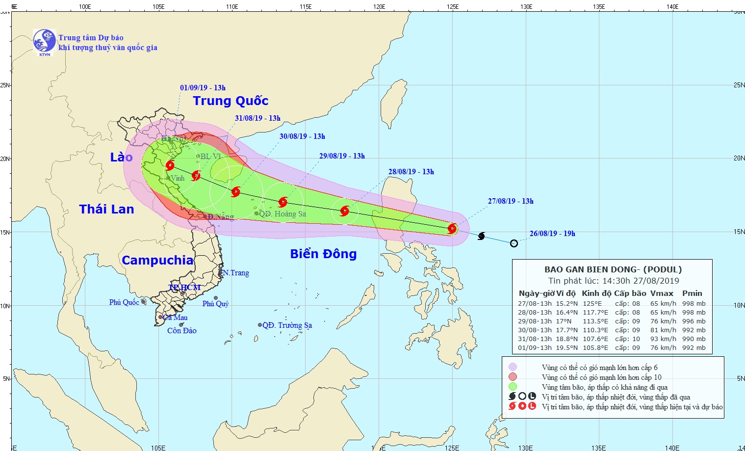 Đường đi của bão Podul vào lúc 13h00 ngày 27/8/2019. Ảnh: KTVN