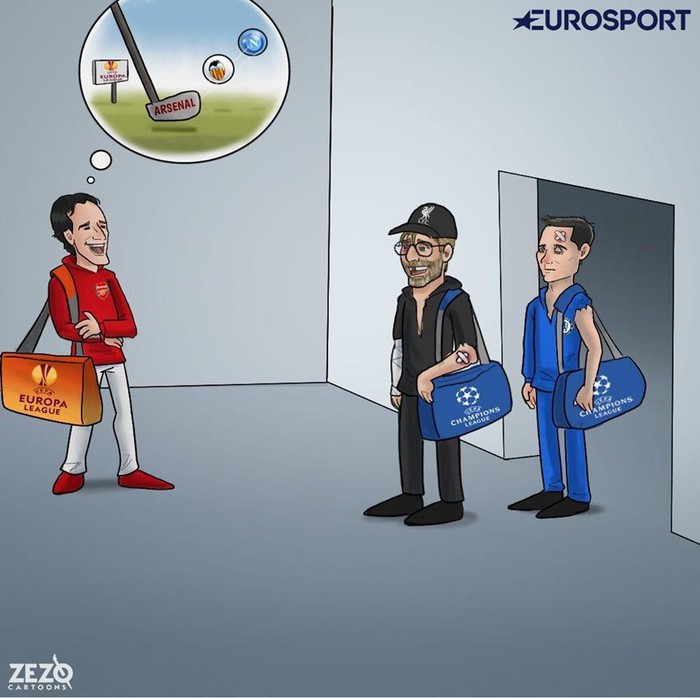 Liverpool, Chelsea "trầy vi tróc vảy" ở Champions League. (Ảnh: ZEZO Cartoons)