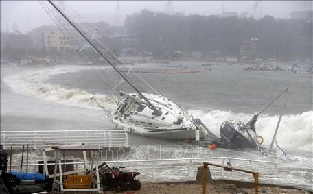  Bão Tapah cũng hoành hành tại Ulsan, Hàn Quốc, ngày 22/9/2019. Ảnh: Yonhap/TTXVN