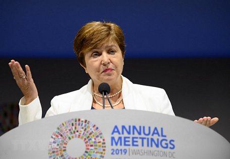 Tổng Giám đốc IMF - bà Kristalina Georgieva phát biểu tại Hội nghị thường niên Quỹ Tiền tệ Quốc tế (IMF) và Ngân hàng Thế giới (WB) ở Washington, DC,Mỹ, ngày 18/10. (Nguồn: AFP/TTXVN)