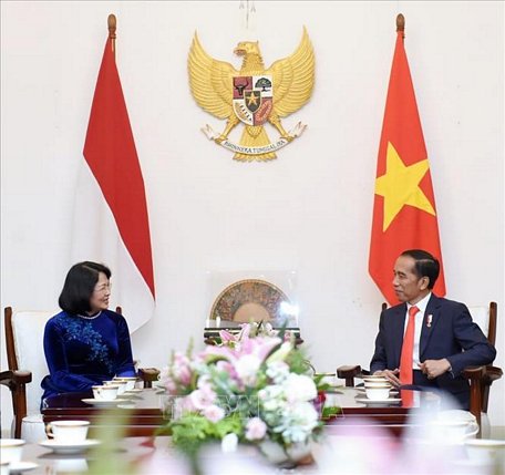 Phó Chủ tịch nước Đặng Thị Ngọc Thịnh hội kiến Tổng thống Indonesia Joko Widodo sau lễ nhậm chức. Ảnh: TTXVN phát