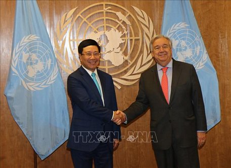  Phó Thủ tướng, Bộ trưởng Ngoại giao Phạm Bình Minh gặp Tổng thư ký Liên hợp quốc Antonio Guterres nhân dịp tham dự phiên thảo luận cấp cao Khoá họp 74 Đại hội đồng Liên hợp quốc, chiều 28/9/2019. Ảnh: Hoài Thanh/Pv TTXVN tại Mỹ