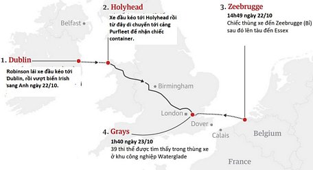 Sơ đồ hành trình của chiếc xe đầu kéo từ Dublin tới Essex, Anh và chiếc thùng xe container từ cảng Zeebrugge, Bỉ tới Essex. Đồ họa: Guardian