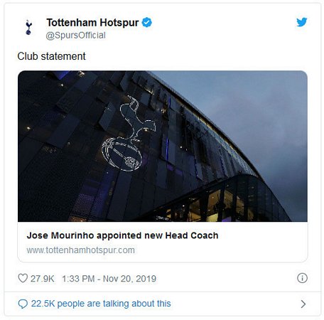 Thông báo chính thức trên trang Twitter của đội bóng Tottenham. Ảnh: Twitter/Tottenham Hotspur