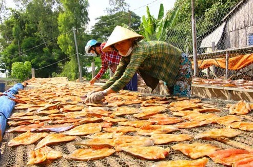 Làng nghề khô, mắm tại vùng biên giới Hồng Ngự chuẩn bị hàng Tết. Ảnh: TÂM MINH