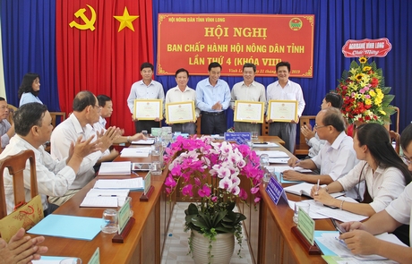 Ông Trần Văn Trạch- Tỉnh ủy viên, Chủ tịch Hội Nông dân tỉnh tặng giấy khen cho các tập thể xuất sắc.