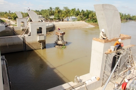 Cống Tân Dinh (giáp 2 tỉnh Vĩnh Long và Trà Vinh) đang được thi công và đủ điều kiện vận hành phục vụ ứng phó với hạn mặn mùa khô 2019- 2020.