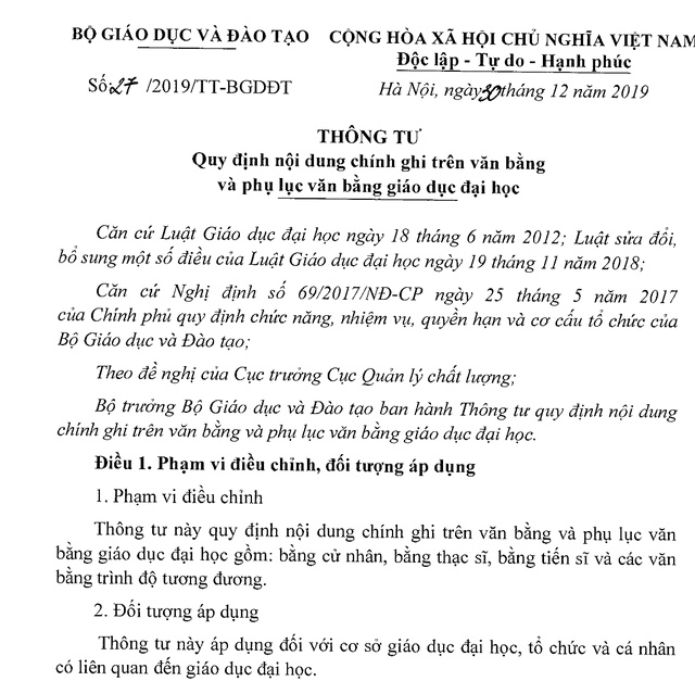 Nội dung chính ghi trên văn bằng giáo dục đại học với 10 tiêu đề: