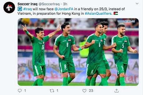 Đội tuyển Iraq thông báo sẽ đá giao hữu với Jordan ngày 25/3, thay vì gặp đội tuyển Việt Nam vào ngày 26/3