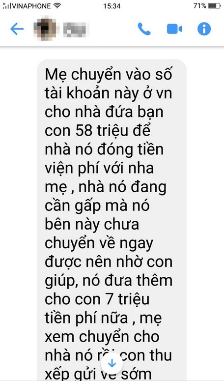 Nội dung tin nhắn của kẻ mạo danh con gái chị Liên.