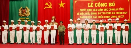 Đại tá Đoàn Minh Lý- Ủy viên Thường vụ Tỉnh ủy, Giám đốc Công an tỉnh- trao quyết định điều động công an chính quy đảm nhiệm các chức danh công an xã.