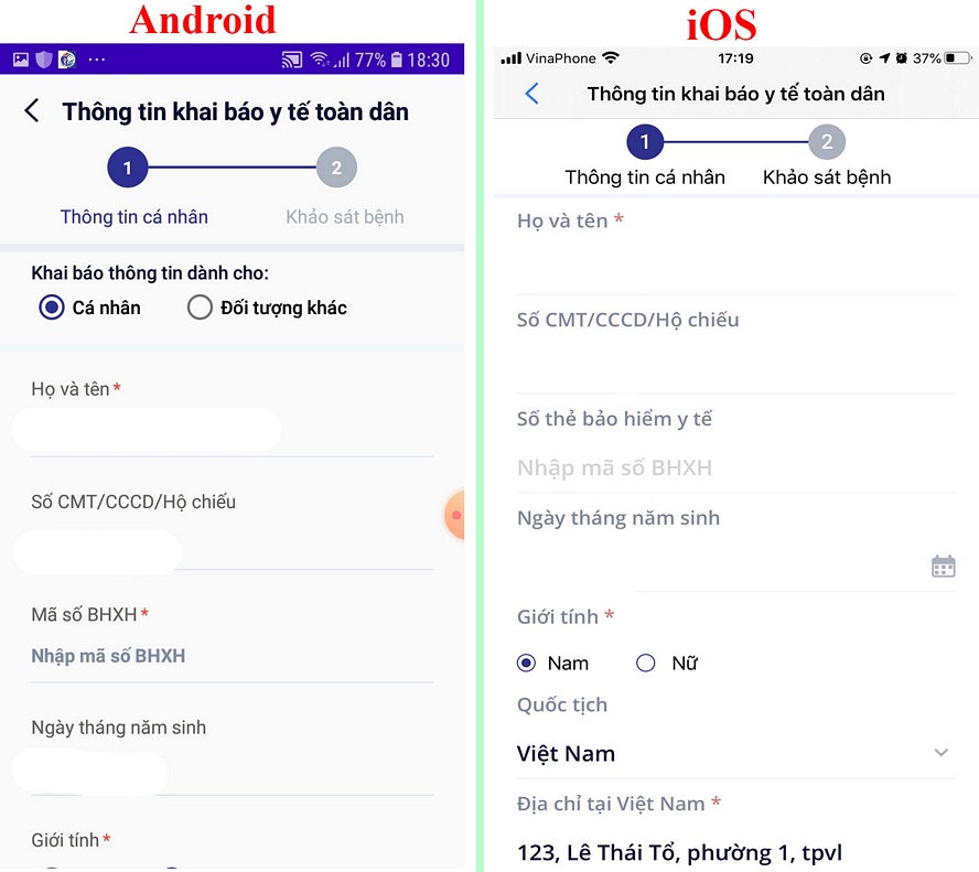 Tiếp theo, bạn nhập thông tin cá nhân và bắt đầu khai báo y tế, hoặc có thể khai báo y tế cho người thân.