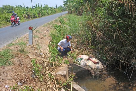 Cống nước nằm dưới QL57 từ lâu bị bồi lắng đã được khơi thông để dẫn nước từ sông Cổ Chiên vô các vườn cây.