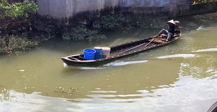 Người dân sử dụng các phương tiện hiện có để mang nước ngọt về tưới cho khu vườn của mình.