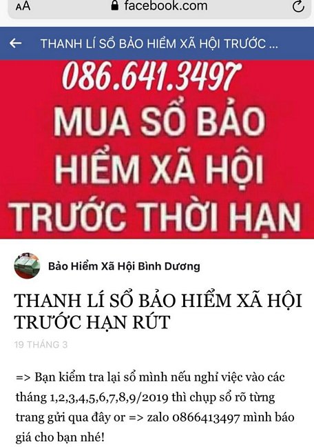 Một trang facebook giả mạo BHXH Bình Dương để thu gom sổ BHXH.