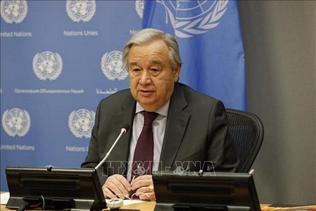 Tổng Thư ký LHQ Antonio Guterres trong bài phát biểu tại New York, Mỹ ngày 10/3/2020. Ảnh: THX/TTXVN