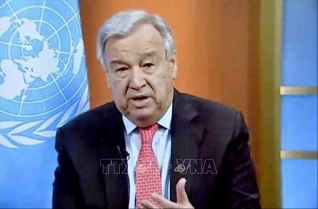 Tổng Thư ký LHQ Antonio Guterres phát biểu trong cuộc họp báo tại New York, Mỹ. Ảnh: Kyodo/TTXVN