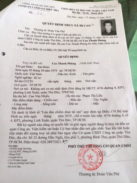 Quyết định truy nã của Cơ quan Cảnh sát điều tra- Công an quận Thủ Đức đối với Cao Thanh Phùng.