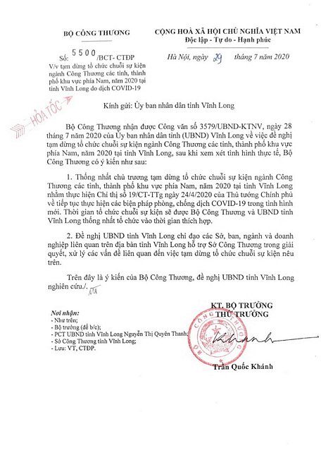 Công văn hỏa tốc của Bộ Công thương gởi đến UBND tỉnh về việc thống nhất chủ trương tạm dừng tổ chức chuỗi sự kiện ngành Công thương các tỉnh- thành phía Nam năm 2020