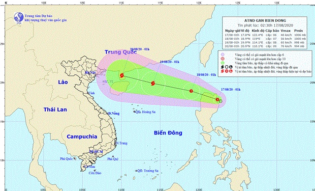 Vị trí và đường đi của áp thấp nhiệt đới. (Nguồn: Trung tâm Dự báo Khí tượng Thủy văn Quốc gia)