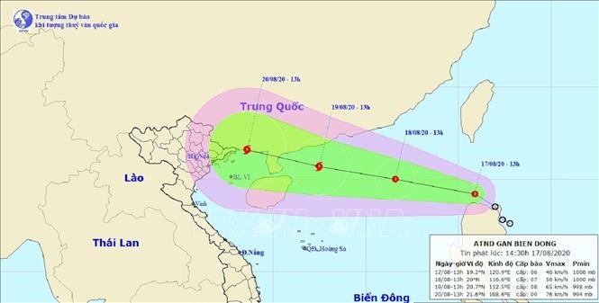 Bản đồ đường đi của áp thấp nhiệt đới trên Biển Đông. Ảnh: TTXVN phát