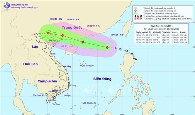 Vị trí và hướng di chuyển của cơn bão số 4. Ảnh: TTXVN phát