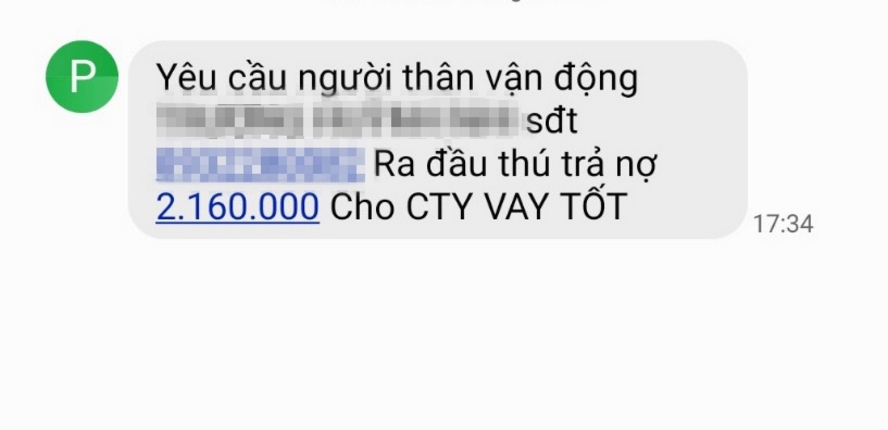 Tin nhắn kêu gọi đầu thú của tài khoản vay tiền qua điện thoại gửi cho người thân người vay.