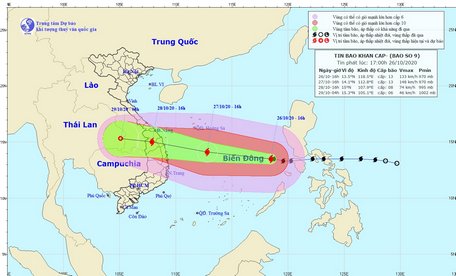 Sơ đồ đường đi của bão số 9 lúc 16h ngày 26/10. Ảnh: KTVN