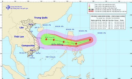 Vị trí và đường đi của siêu bão Goni. Ảnh: KTTV.