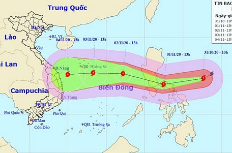 Vị trí và hướng di chuyển của bão Goni. (Ảnh: NCHMF).