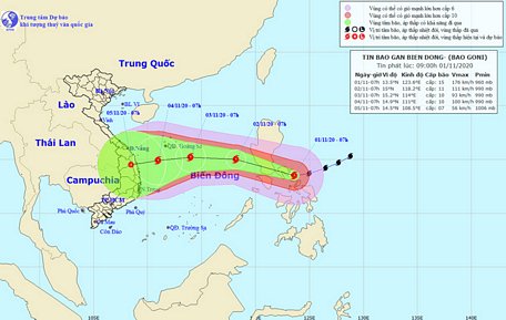 Vị trí và đường đi của bão Goni (vào lúc 9 giờ ngày 1/11). Nguồn: NCHMF