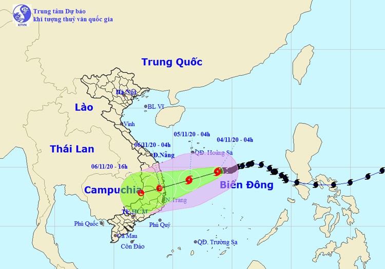 Bản đồ đường đi của bão số 10, lúc 5 giờ ngày 4/11. Nguồn: NCHMF