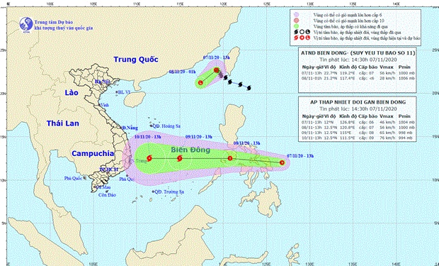 Vị trí và đường đi của áp thấp nhiệt đới. (Nguồn: Trung tâm Dự báo Khí tượng Thủy văn Quốc gia)