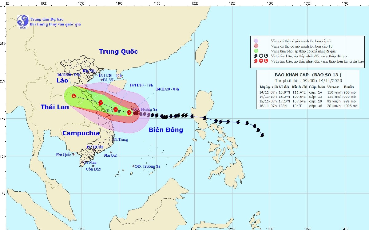 Đường đi và vị trí của bão số 13