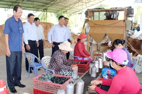 Ông Lê Văn Dũng- Phó Giám đốc Sở Nông nghiệp- PTNT (bìa trái) tham quan dây chuyển sản xuất phôi nấm tại Công ty Thực phẩm sạch An An.