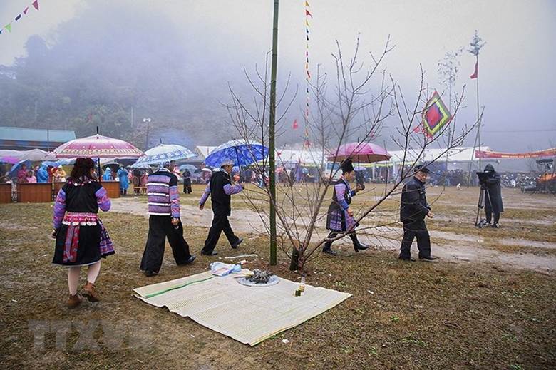 Thầy cúng thực hiện nghi lễ xung quanh cây nêu cầu trời đất, thần linh phù hộ cho bản làng yên vui, mọi nhà no đủ, người người khỏe mạnh, ăn nên làm ra... (Ảnh: Trọng Đạt/TTXVN)