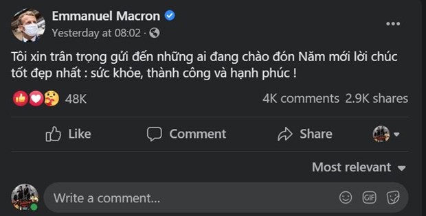 Tổng thống Pháp Emmanuel Macron chúc Tết bằng tiếng Việt. (Ảnh chụp màn hình)