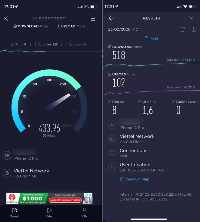 Speedtest tốc độ mạng 5G Viettel tại quận 1, TP.HCM