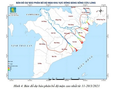 Bản đồ dự báo phân bố độ mặn cao nhất khu vực ĐBSCL từ 11- 20/3/2021.