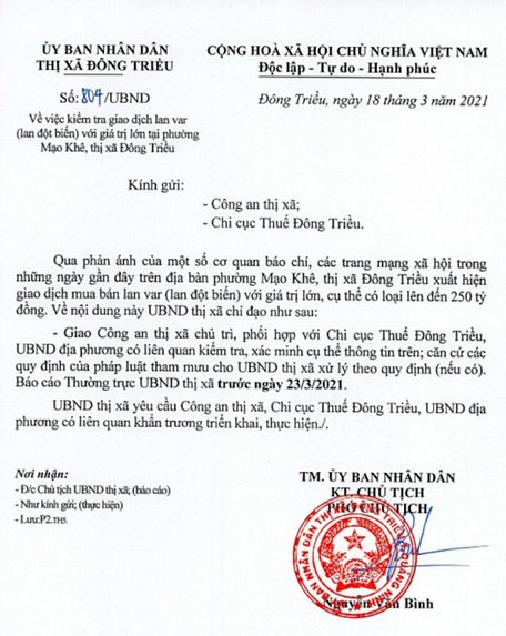 Văn bản đề nghị Công an, chi cục Thuế TX Đông Triều vào cuộc xác minh thương vụ lan đột biến gần 300 tỷ.