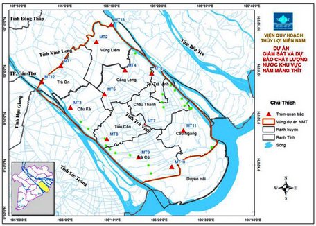 Bản đồ vị trí các trạm quan trắc chất lượng nước định kỳ trong hệ thống công trình thủy lợi Nam Mang Thít.