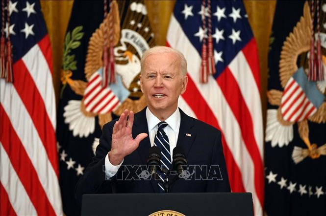 Tổng thống Mỹ Joe Biden trong cuộc họp báo chính thức đầu tiên tại Nhà Trắng kể từ khi lên nắm quyền, ngày 25/3/2021. Ảnh: AFP/TTXVN