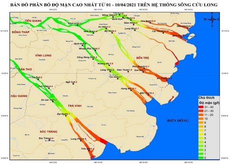  Bản đồ phân bố độ mặn cao nhất trong 10 ngày đầu tháng 4/2021 trên hệ thống sông Cửu Long.