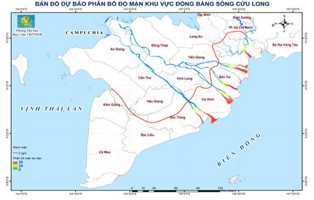 Bản đồ dự báo phân bố độ mặn cao nhất ở ĐBSCL từ 21- 30/4/2021.