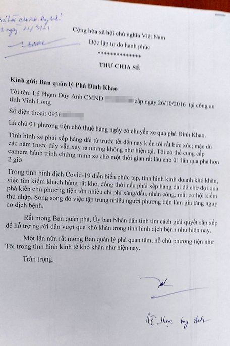 Thư chia sẻ của một tài xế.